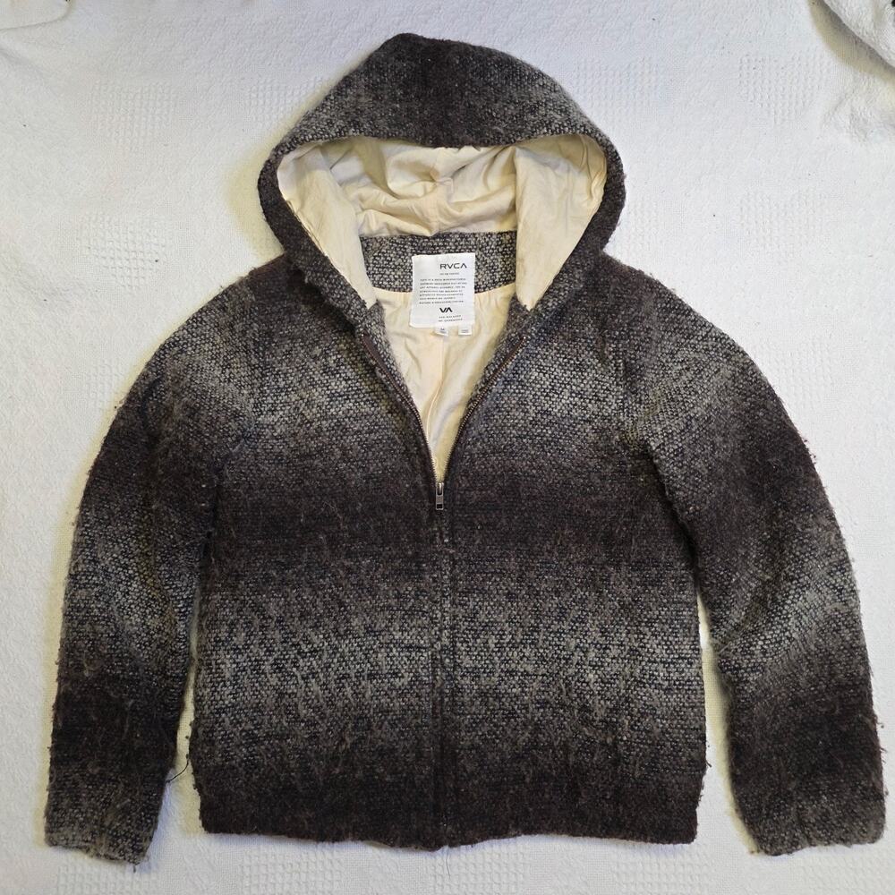RVCA Archival Gray Hooded Lined Full Zip Women's Jacket Size M Regular Fit Short